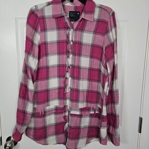 Y2K American Eagle Shirt 12 Pink Tartan Plaid Flannel Long Sleeve Ruffle  Punk
